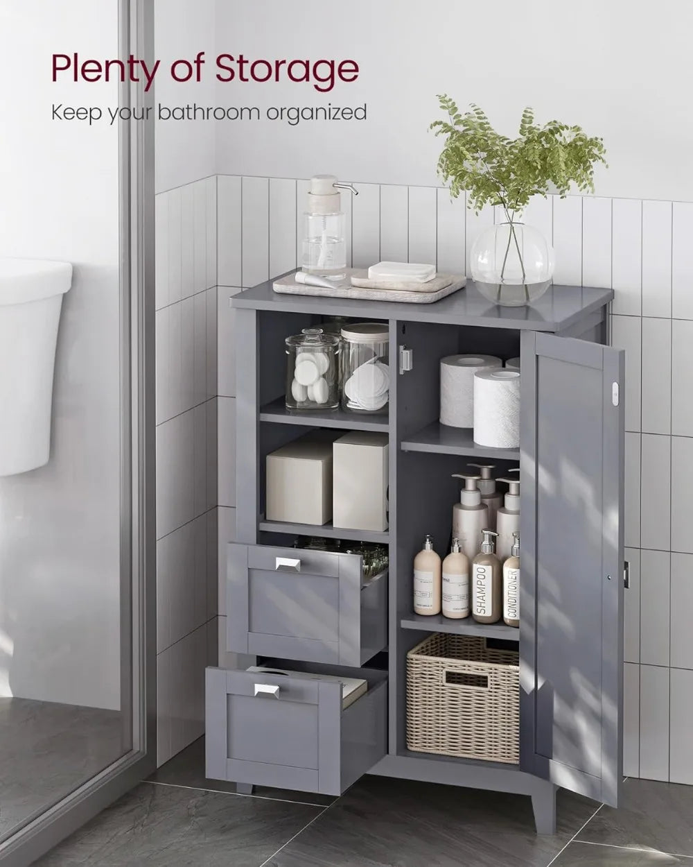 Bathroom Floor Storage Cabinet, Bathroom Cabinet Freestanding, Kitchen Cabinet, with Open Compartment, 2 Drawers, Adjustable