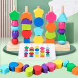 Montessori Wooden Beads Sequencing Toy Set, Five Columns Stacking Colorful Blocks,Lacing Beads, Matching Shape Stacker