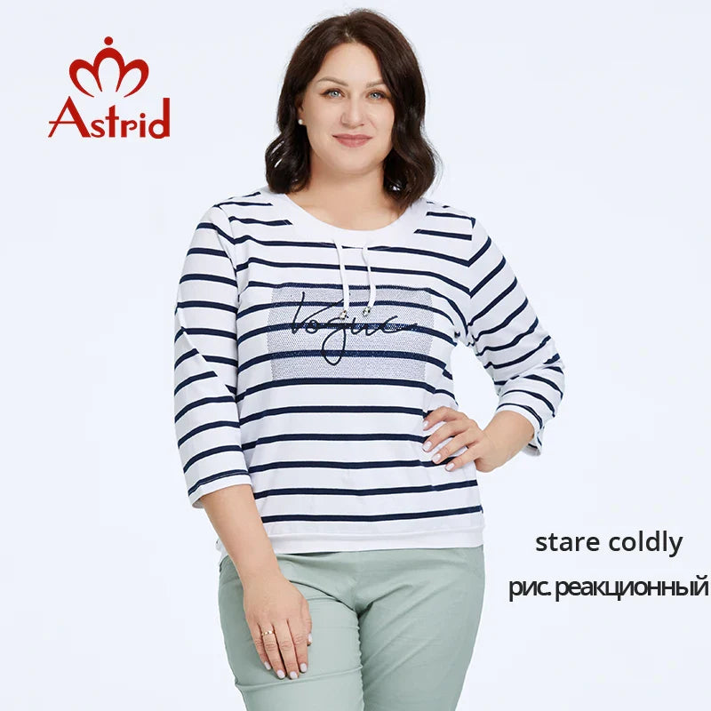 Astrid Autumn Women's t-shirt 2023 Casual Cotton Top Female Plus Size Stripes Tees Rope Diamond craft Long Sleeve Women Clothing