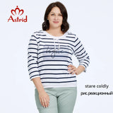 Astrid Autumn Women's t-shirt 2023 Casual Cotton Top Female Plus Size Stripes Tees Rope Diamond craft Long Sleeve Women Clothing