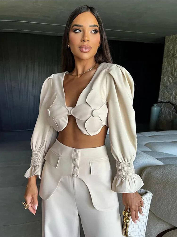 Women Elegant 3d Flower High Waist Wide Leg Pants Suit Chic V Neck Long Flare Sleeves Crop Top Set Female Fashion Outfits 2024