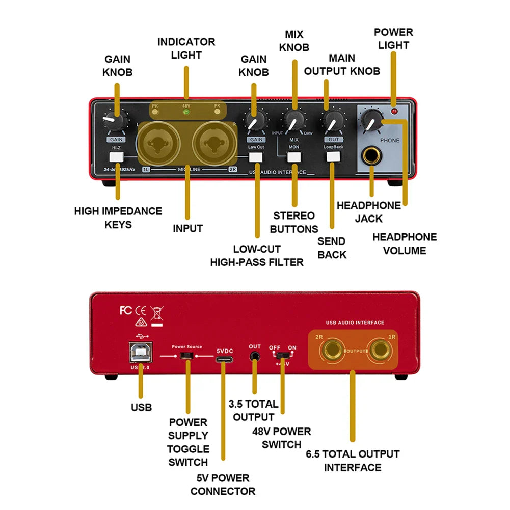 MD22 Recording Sound Card 48V Phantom Power 24-bit/192 KHZ USB Audio Interface with Loopback Monitor for Guitar Recording