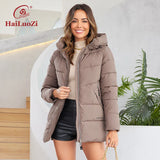 HaiLuoZi 2023 New Women's Jacket Short Warm Hooded Female Winter Outwear Classic Brand Zipper Design Big Pockets Women Coat 9910