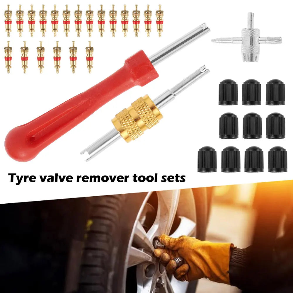 33Pcs Tire Valve Stem Puller Kit Car Motorcycle Valve Stem Core Metal Repair Tools Automobile Tire Install Replacement Tool