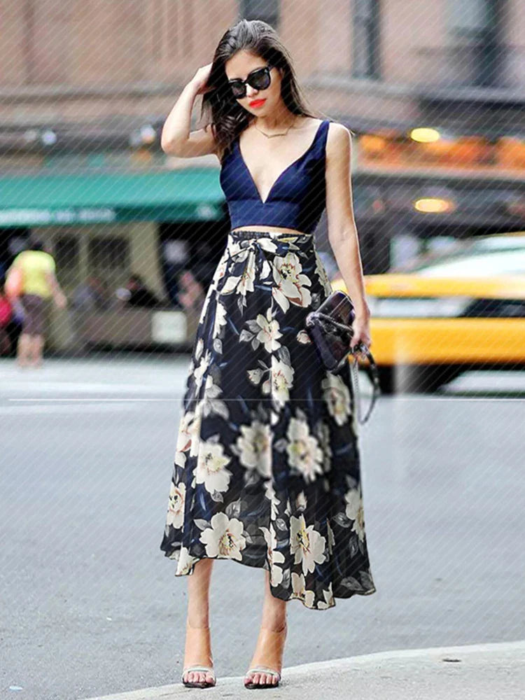 Plus Size Print Floral Skirt Women 2023 Summer Loose Elastic High Waist Chiffon Midi Skirts Lace Up Bow L-5XL Swing Jupe Femme