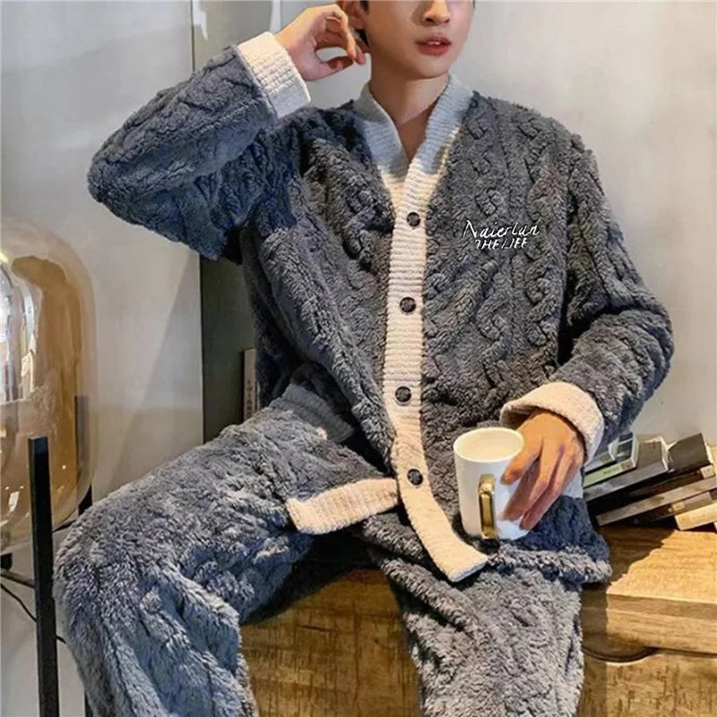 2024 New Men Winter Warm Flannel Pajamas Set V-Neck Fluffy Coat + Long Pants Male Sleepwear For Sleeping 2 Pieces Housewear 3xl