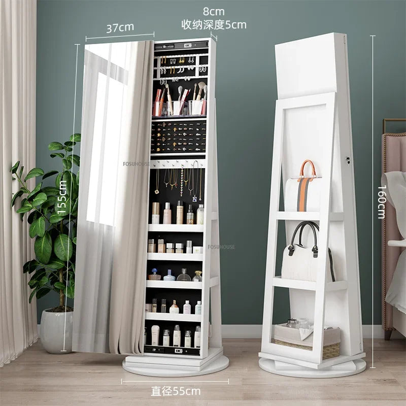 Full-length Mirror 360° Rotating Floor Makeup Mirror Cabinet Bedroom Jewelry Cabinet with Mirror Fitting Room Dressing Mirrors