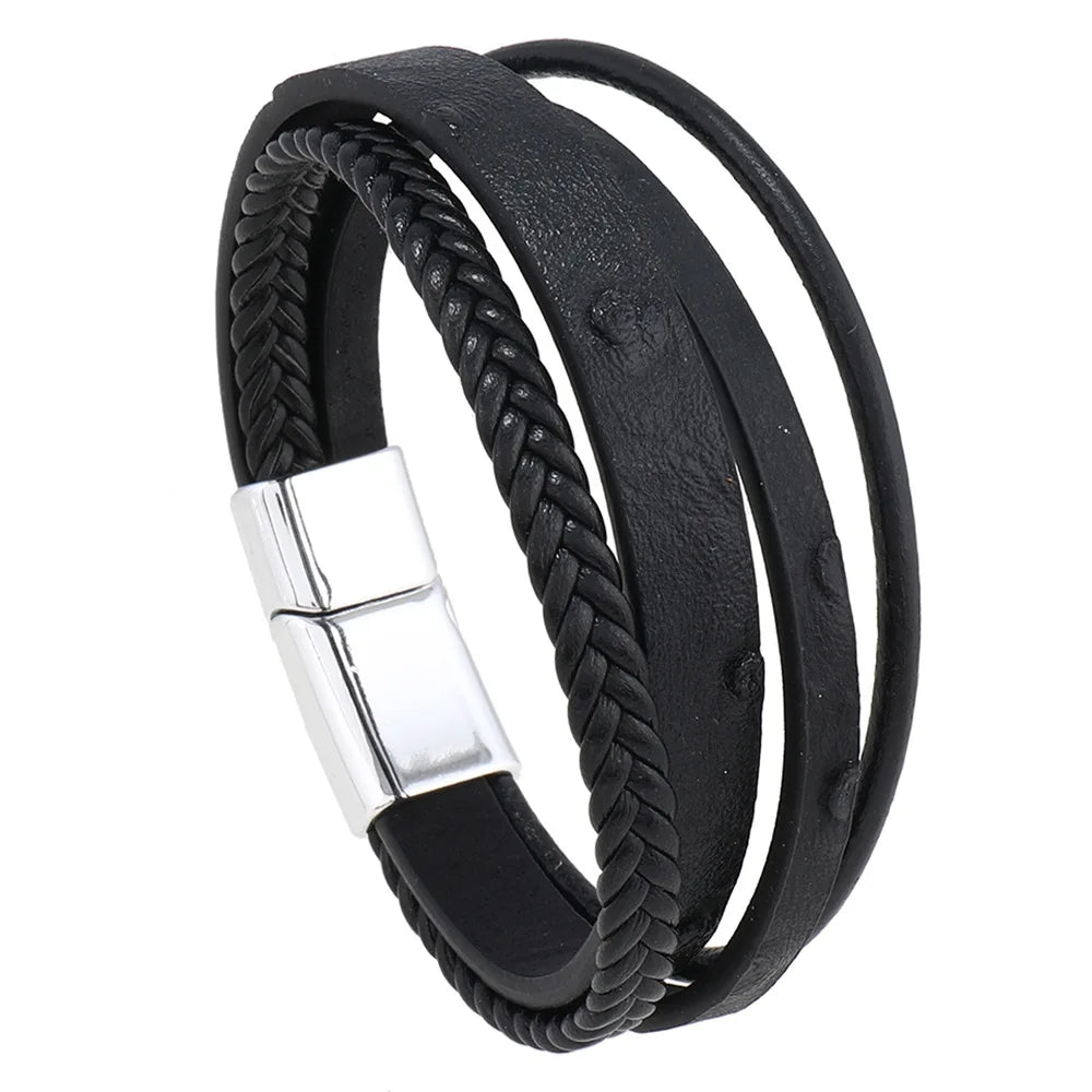 Trendy  Leather Bracelets Men Stainless Steel Multilayer Braided Rope Bracelets For Male Bracelets Jewelry Pulsera Hombre