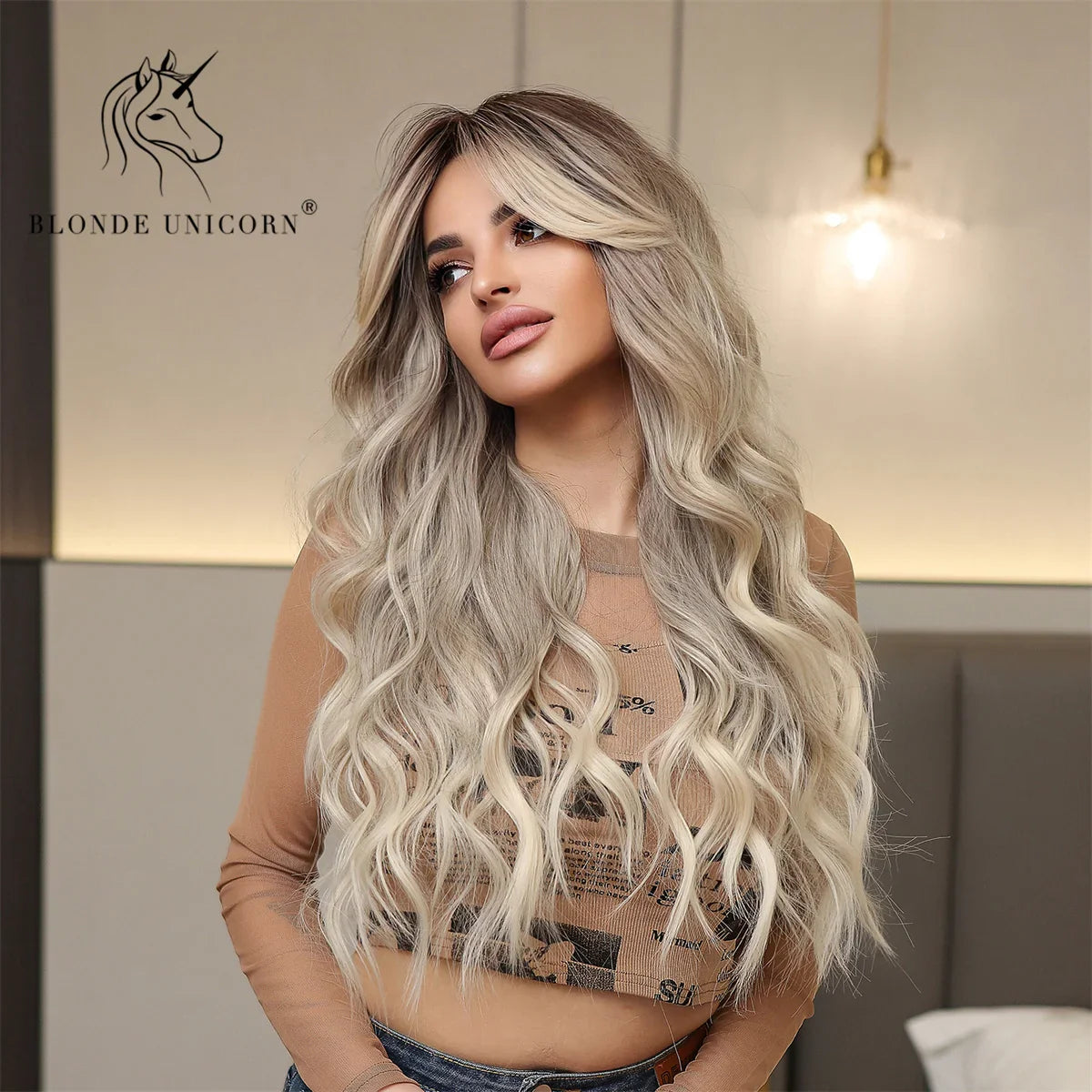 Blonde Unicorn Ombre Brown Blonde Synthetic Wig Long Wavy Wigs with Bangs Daily Cosplay Party Use Heat Resistant Fiber for Women