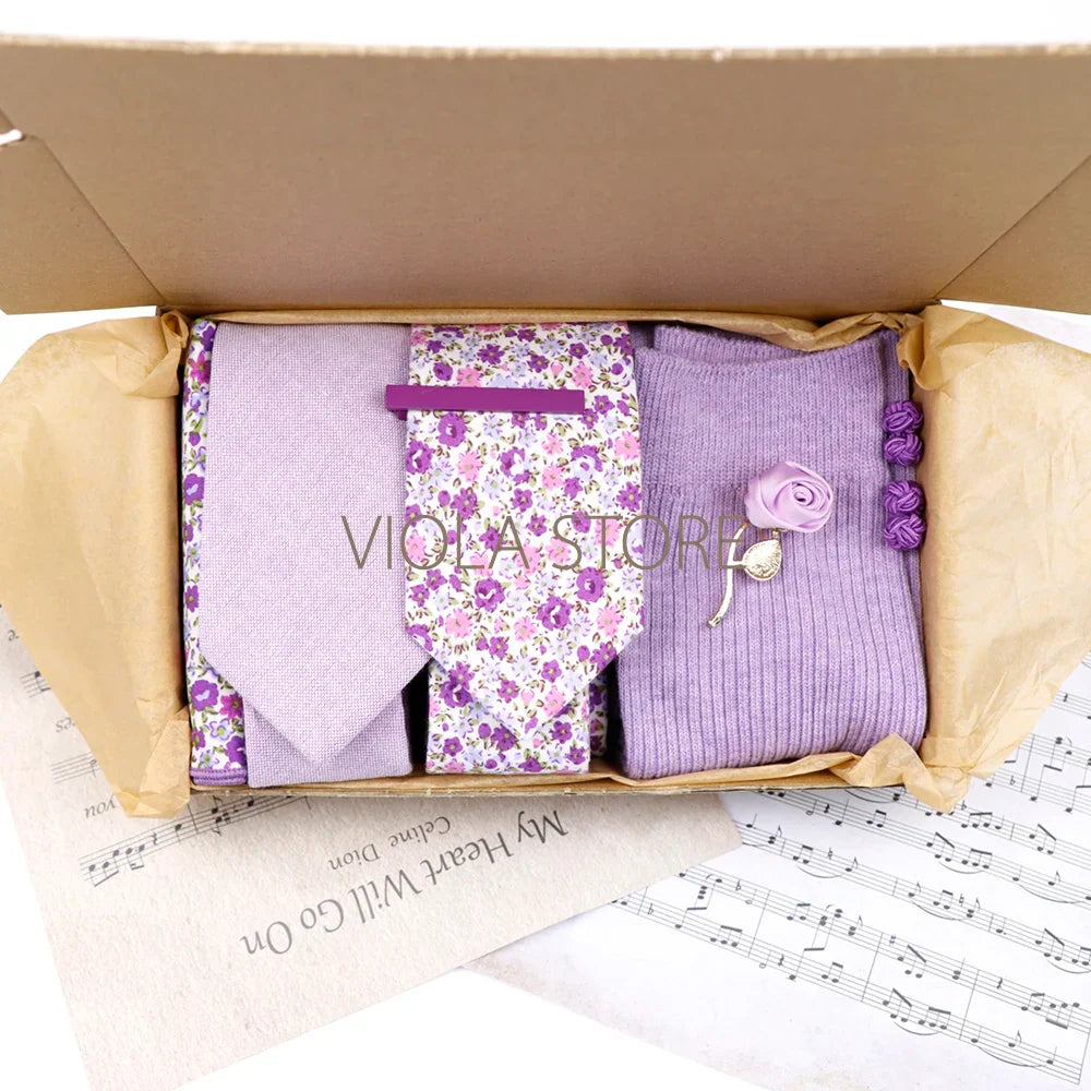 Viola Design 7 PCS Gift Box Cotton Sock Tie Sets Clip Pin Cufflinks Hanky Solid Floral Men Wedding Party Daily Cravat Accessory