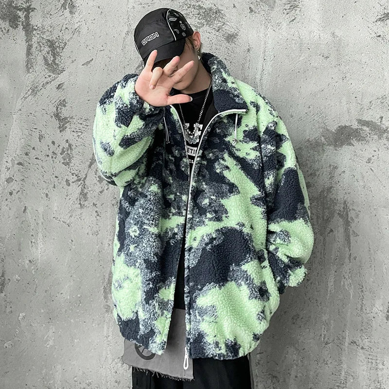 SEVEYFAN Men's Jacket Hip Hop Jackets Tie Dye New Casual Lamb Wool Parka Furry Coat Men Clothing Warm   Streetwear Coat