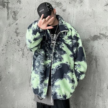 SEVEYFAN Men's Jacket Hip Hop Jackets Tie Dye New Casual Lamb Wool Parka Furry Coat Men Clothing Warm   Streetwear Coat