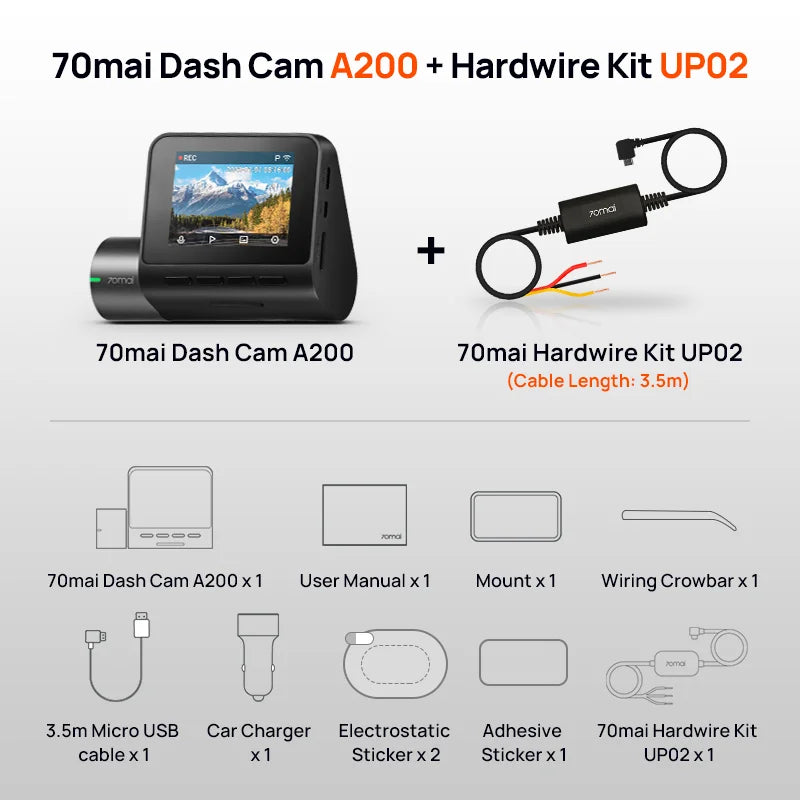 Global 70mai Dash Cam A200 Dual-channel Record 1080P HDR 2'' IPS Screen 24H Parking Monitor 70mai Car DVR A200 WIFI APP 130° FOV