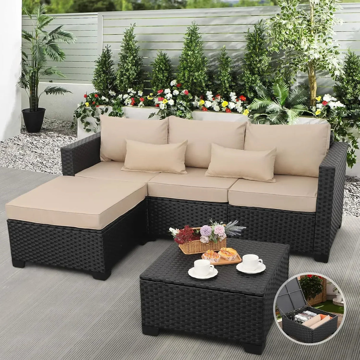 3 Pieces Patio Furniture Set Outdoor Sectional Wicker Patio Furniture Patio Couch with Ottoman and Outdoor Storage Table