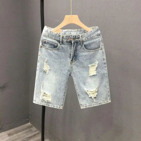 Men's Ripped Denim Shorts Fashionable Summer Slim Shorts Pants with Distressed Ripped Design Holes Korean Style Short Jeans Male