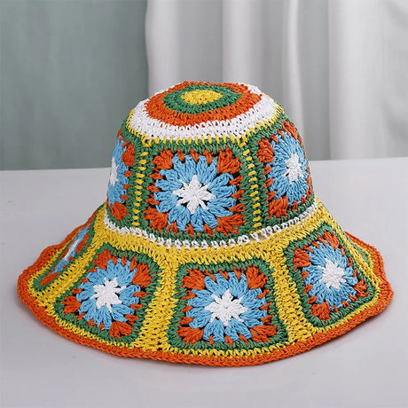 Colorful Crochet Straw Bucket Hat Handmade Knitted Flowers Beach Fisherman Hat for Women Sunshade Cap Vintage Accessories