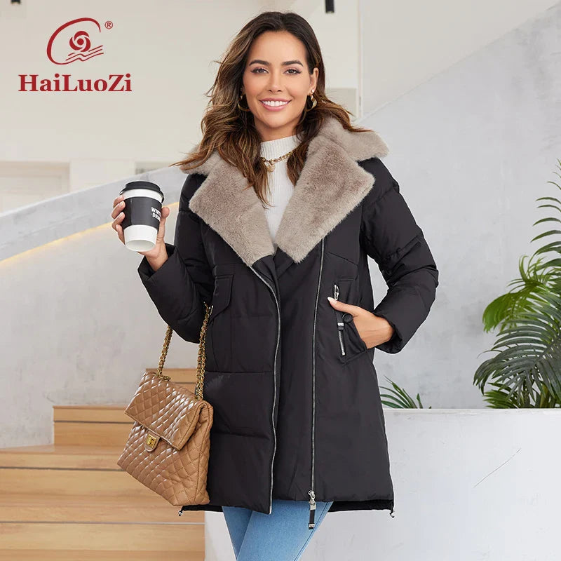 HaiLuoZi 2023 New Women's Jacket Short Warm Hooded With Fur Female Winter Outwear Slant Pockets Fashion Women Coat 1123