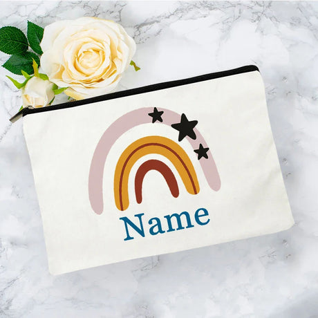 White Personalized Name Bag woman rainbow print Makeup Bag Storage Pouch Toiletries storage Cosmetic Pocket Gift for teachers