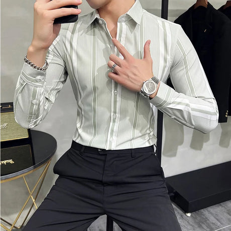 British Style Autumn New Striped Shirts Mens Long Sleeve Business Slim Fit Casual Shirt Homme Social Formal Wear Blouses 4XL-M