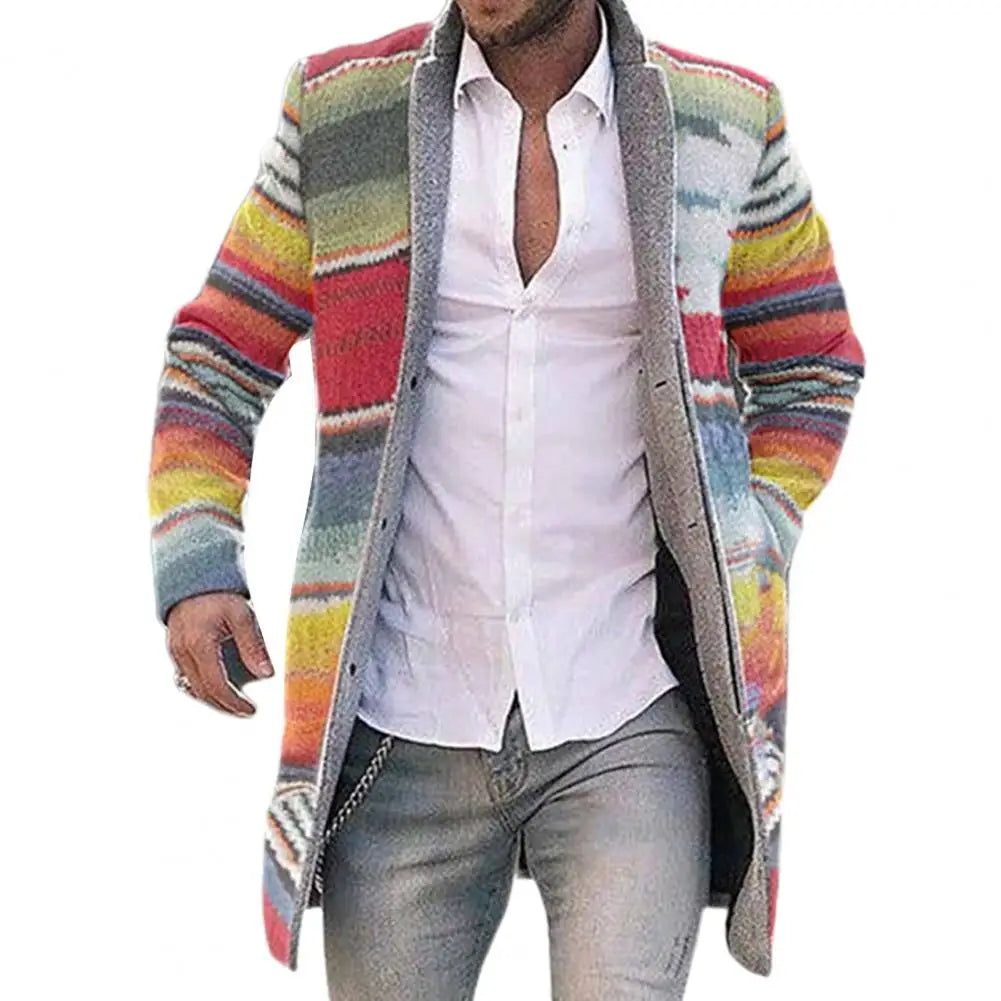 Durable Overcoat Men Skin-friendly Polyester Autumn Winter Rainbow Stripes Overcoat  Coat Open Front