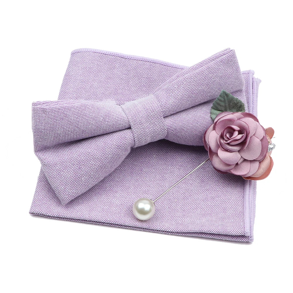 Solid Color Mens Bowtie Brooch Set 100% Cotton Pink Blue Bow Tie Flower Lapel Pin Romantic Wedding Party Suit Shirt Accessories