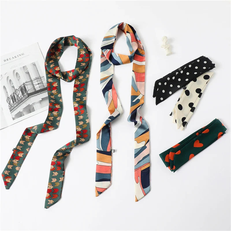 Long Silk Skinny Scarf Women Neck Hair Band Solid Printed Foulard Neckerchief Hairscarf Female Fashion  Handle Ties Ribbon