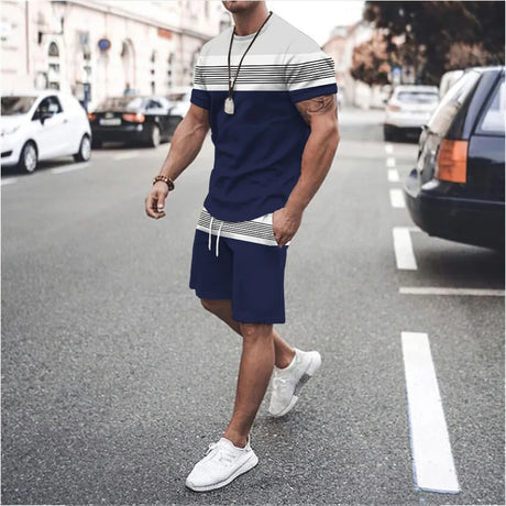 Striped 3D Print T-Shirts Shorts Sets Men's Sports Casual Fashion Streetwear Oversized Short Sleeve T Shirt Pants Set Man Suits