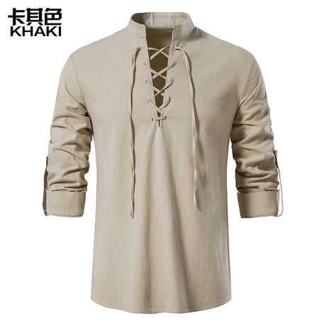 2023 men's new Amazon men's cotton and linen Henry shirt long sleeved hippie casual beach stand up collar shirt European size