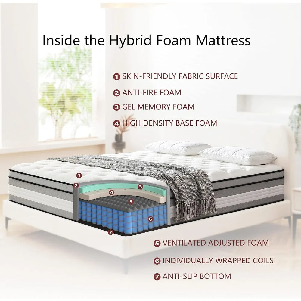 Full Mattress, 10 Inch Hybrid Mattress in A Box with Gel Memory Foam, Pressure Relief, Medium Firm Support, Free Shipping