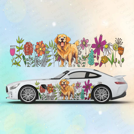 Golden Labrador Flower Large Car Stickers Decals Car Body Stickers Car-Side Decals Waterproof Car Vinyl Stickers for Truck SUV