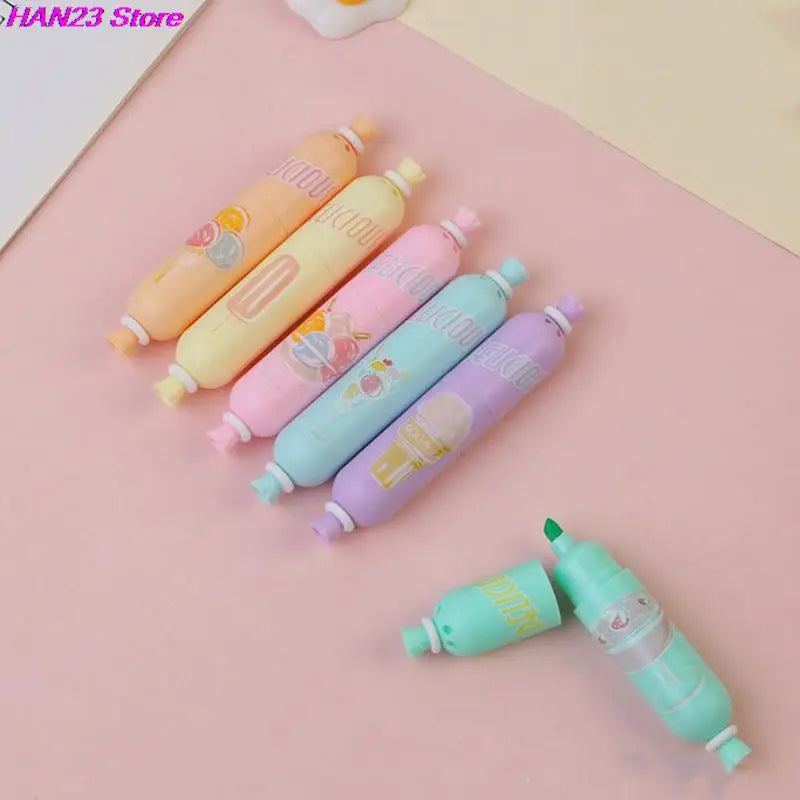 6Pcs/Lot Cute Cartoon Cat Highlighters School Office Stationery Students Drawing Supplies Kawaii Ice Cream Mini Paint Marker Pen