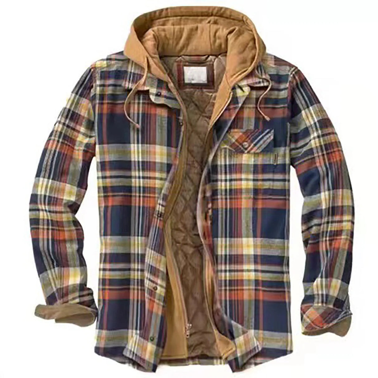 Men's Quilted Lined Button Down Plaid Shirt Add Velvet To Keep Warm Jacket With Hood