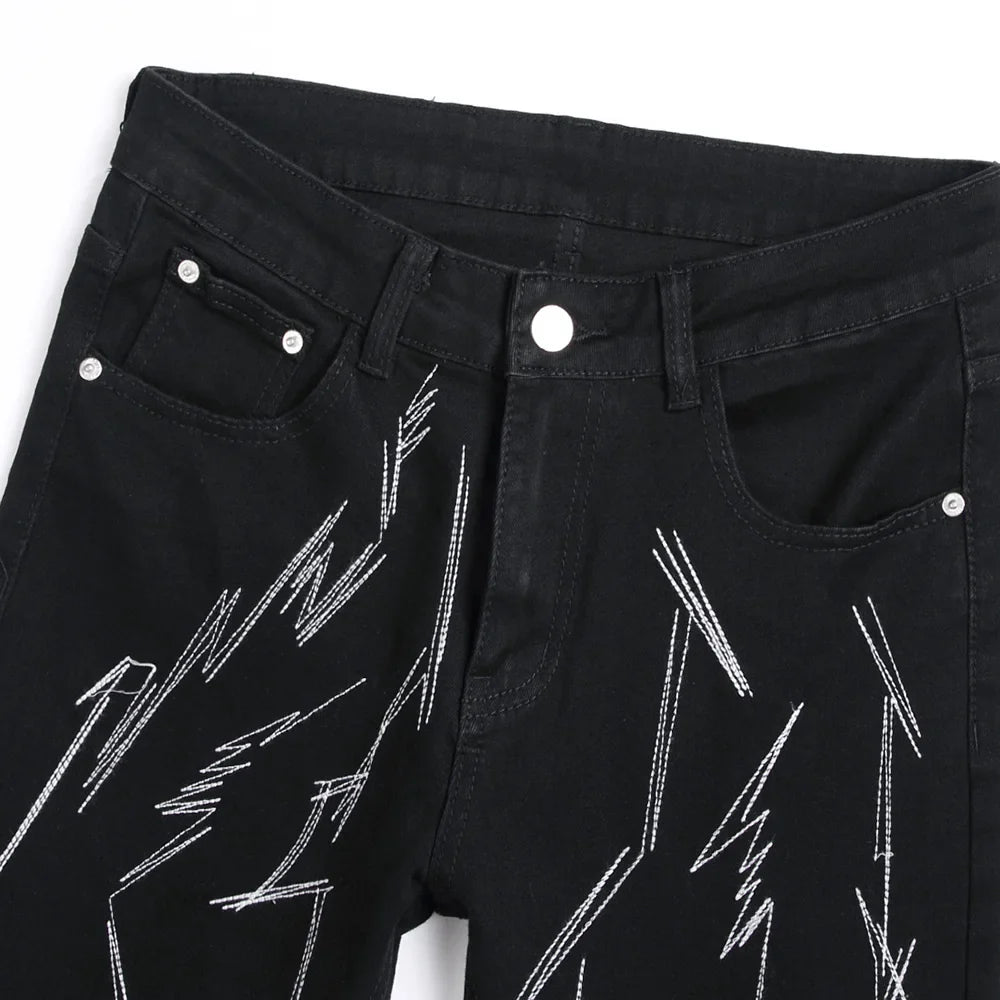 Men Embroidery Black Denim Jeans Streetwear Punk Slim Tapered Pants Casual Stretch Trousers