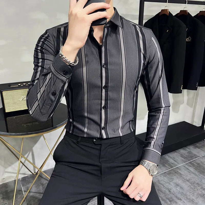 British Style Autumn New Striped Shirts Mens Long Sleeve Business Slim Fit Casual Shirt Homme Social Formal Wear Blouses 4XL-M