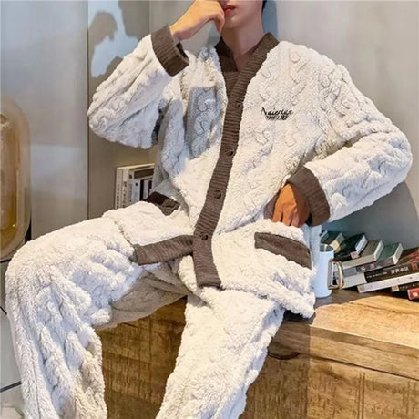 2024 New Men Winter Warm Flannel Pajamas Set V-Neck Fluffy Coat + Long Pants Male Sleepwear For Sleeping 2 Pieces Housewear 3xl