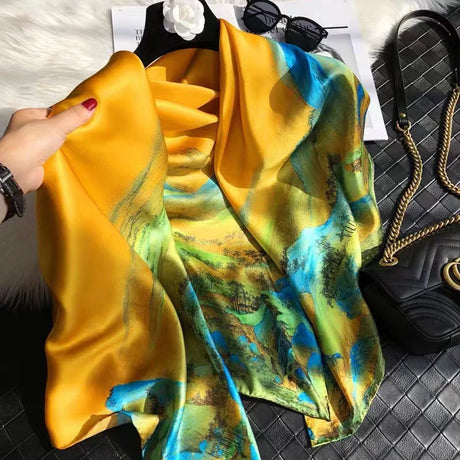 BYSIFA Yellow Green Scarves Bufandas Female Scarfs Shawl Fashion Elegant Satin Square Scarves Fall Winter Brand Silk Scarf Hijab