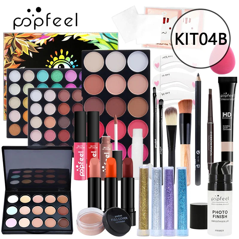 POPFEEL All In One Makeup Set (Eyeshadow, Ligloss, Lipstick, Brushes, Eyebrow, Concealer, Highlight) Cosmetic Bag Eye Shadow Kit