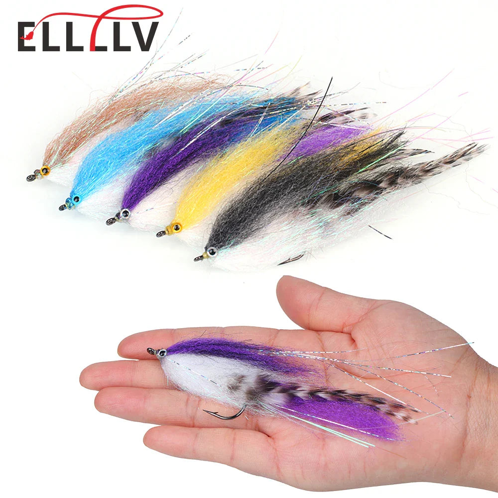 Elllv 1/0 - 4/0 Saltwater Fishing Fly EP Silky Fiber Streamers Aberdeen Fish Hook Artificial Lure Bait for Bass Pike Steelhead