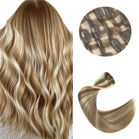 Clip In Human Hair Extensions Straight Natural Light Brown Honey Ombre Balayage Black Hair Pieces For Women Clip-in Full Head