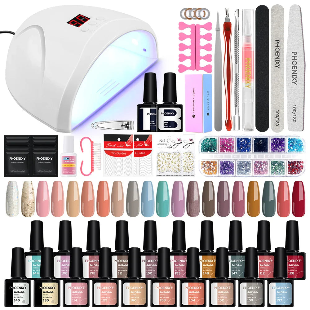 PHOENIXY Gel Nail Polish Set with 36W Nail Lamp Semi Permanent UV Gel Varnish Base Top Coat Complete Nail Art Gel Polish Kit