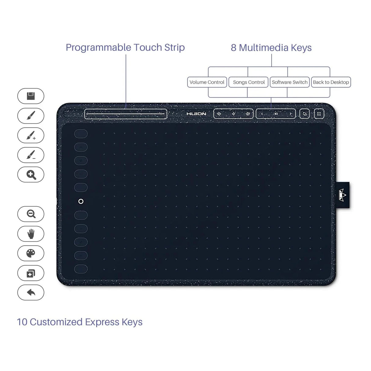 HUION Graphics Tablet HS611 10x6 Inch Drawing Tablet 3 Color with 18 Express Keys Music Touch Bar Battery-Free Digital Pen