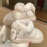 Bow Knot Short Ankle Snow Boots Women Winter Plush And Thick Insulation Waterproof PU Cotton Household Shoes Home Slipper Women