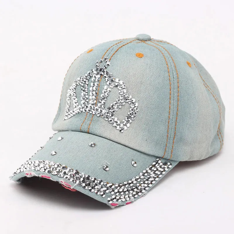 Women Bling Tiara Distressed Denim Baseball Cap Rhinestones Embellished Washed Retro Style Adjustable Hat