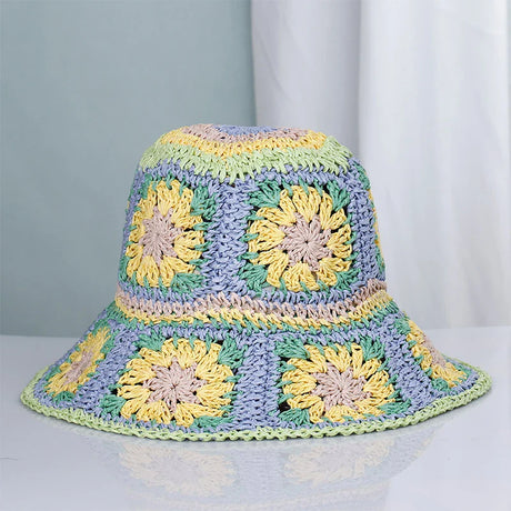 Colorful Crochet Straw Bucket Hat Handmade Knitted Flowers Beach Fisherman Hat for Women Sunshade Cap Vintage Accessories