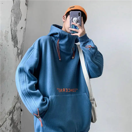 Men's Clothing Blue Turtleneck Sweatshirts for Man Hooded Loose Hoodies Warm Pastel Color Novelty and Simple Cheap High Quality