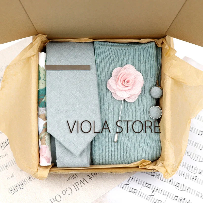 Viola Design 6PCS Gift Box Floral Solid Cotton Sock Tie Sets Clip Pin Cufflinks Hankie Men Wedding Party Daily Cravat Accessory