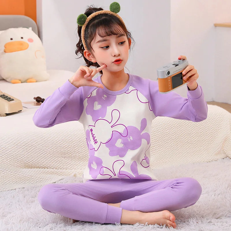 Autumn Cotton Sleepwear Sets for Children Baby Girls Lovely Heart Pajamas 2Pcs Long Sleeve Shirts+Pants Loungewear Kids Clothing