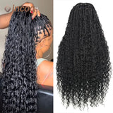 32” Full Lace Box Braid Wigs With Baby Hair Embroidery Bohemian Braid Wig For Black Woman Knotless Goddess Locs With Curly Hair