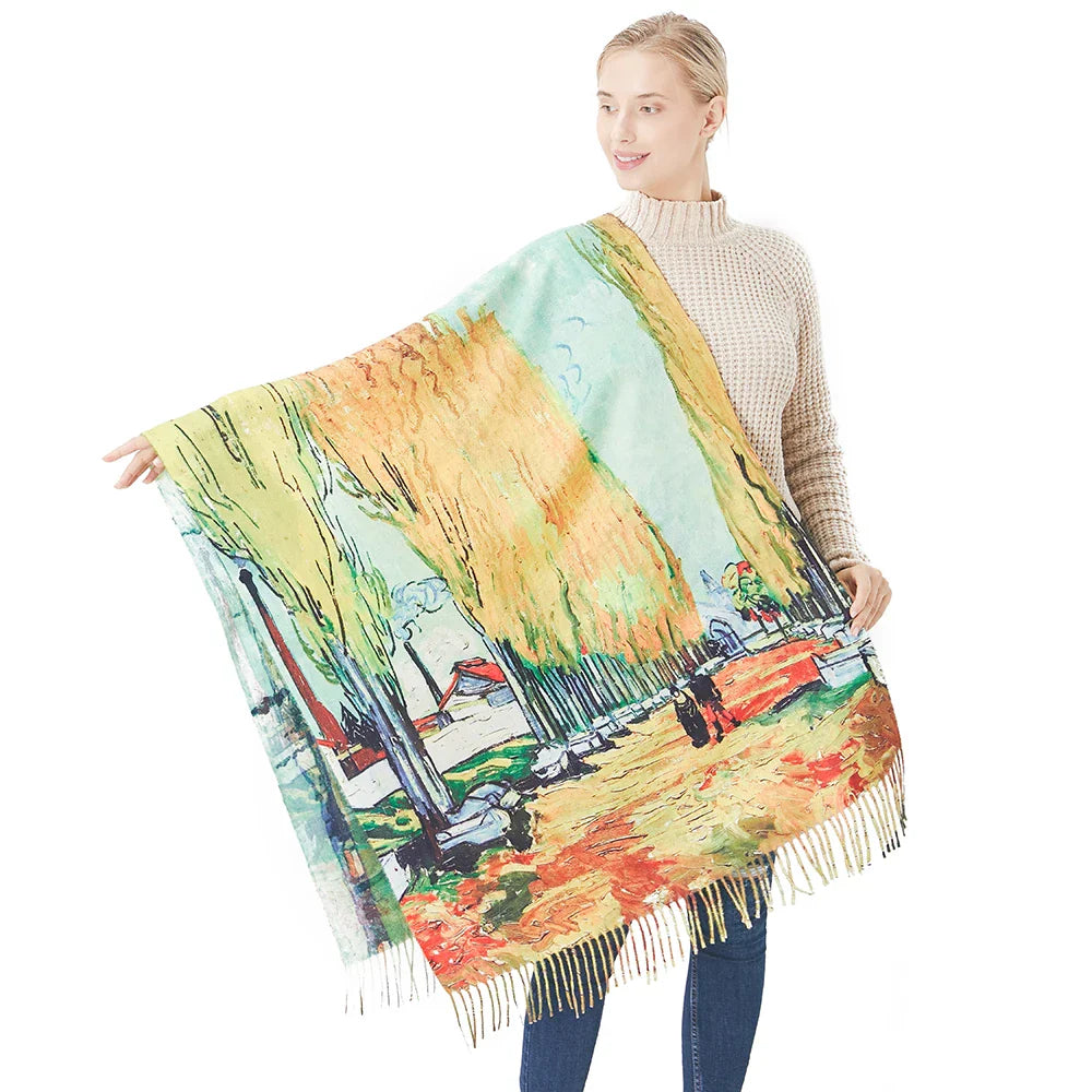 Van Gogh's Oil Painting Cashmere Scarf Women Winter Coffee House Print Wool Shawls and Wraps Ladies Cape Blanket Scarves New