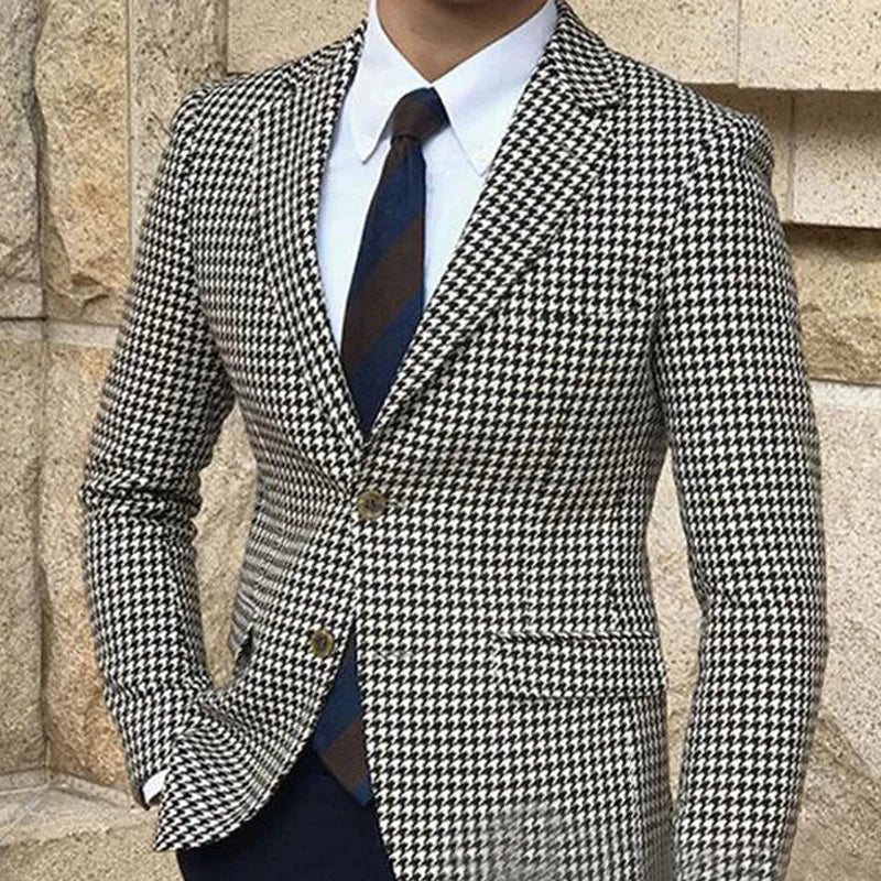 Houndstooth Plaid Blazer for Men One Piece Suit Jacket with 2 Side Slit Slim Fit Casual Male Coat Fashion Clothes 2023